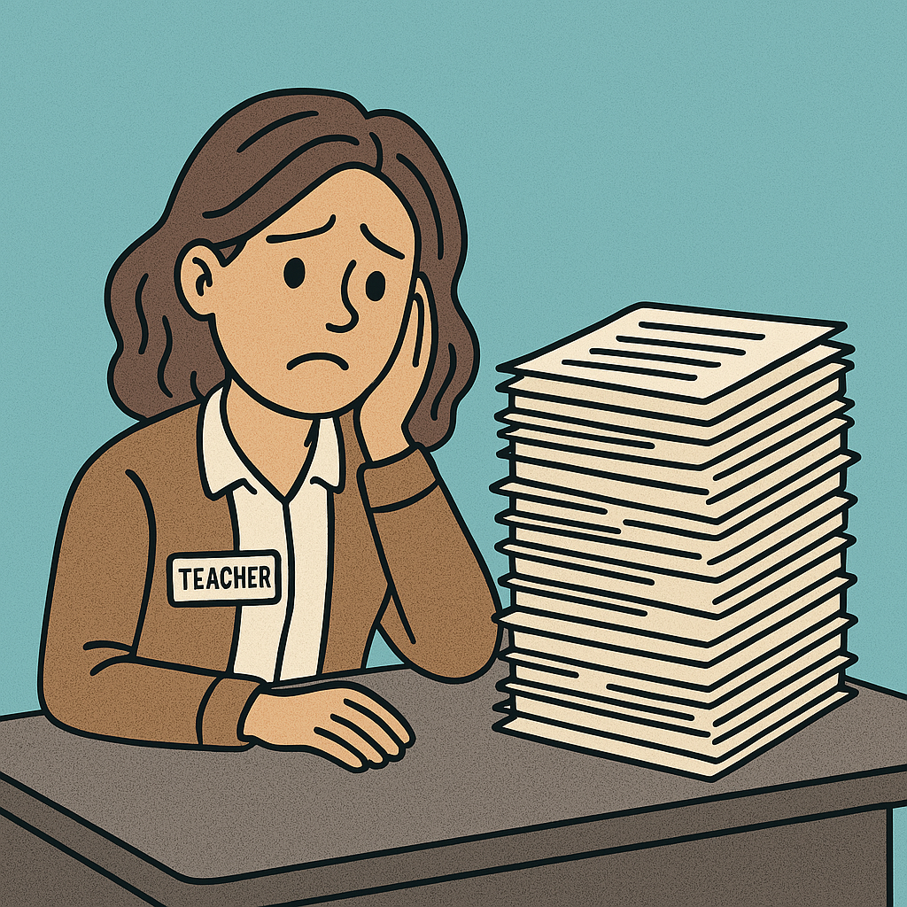 Stressed teacher with stack of papers to grade